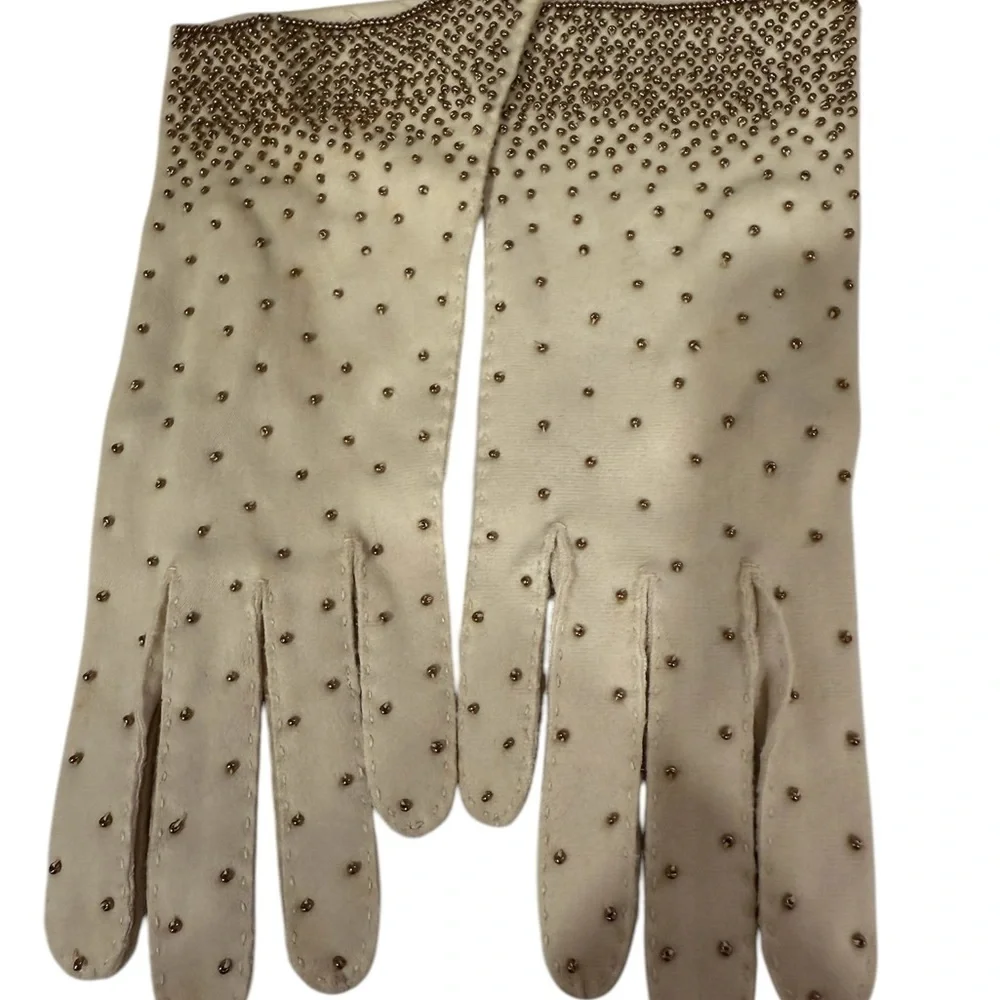 Simplex Vintage Evening Gloves Size 6 1/2 With Gold Beading at cuff Off White